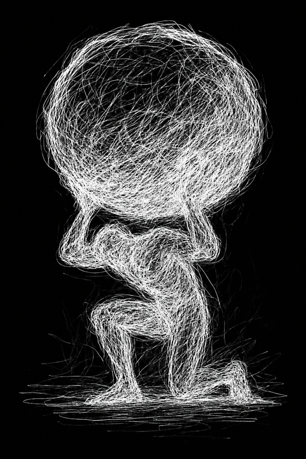A crouching figure drawn in fine white filament lines, holding a great sphere overhead